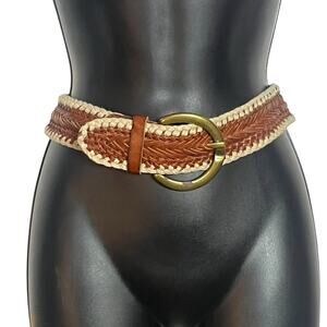 FOSSIL BOHO WESTERN LEATHER & JUTE BELT M CHEVRON WEAVE TAN BRASS BUCKLE VGUC